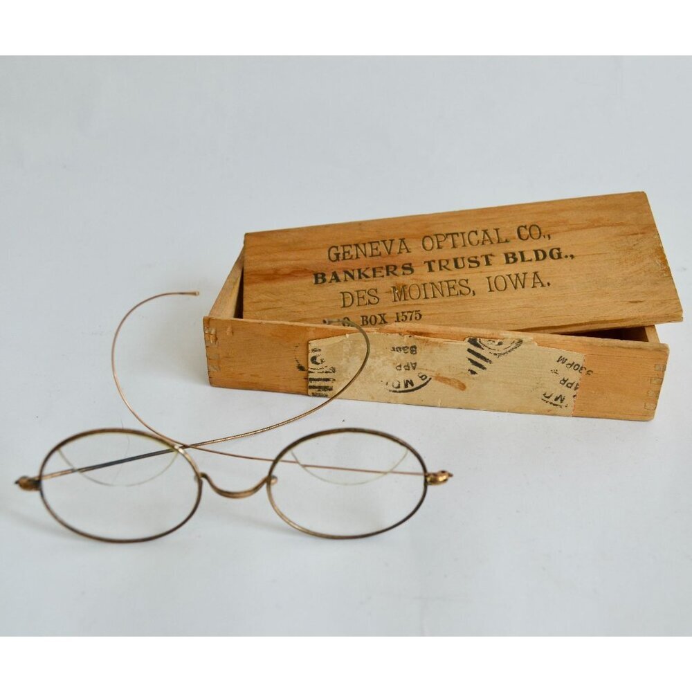 Vintage Wire Rim Eyeglasses Gold Filled 10K Antique Bifocal w/ Wood Case
